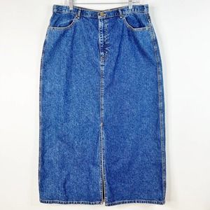Vintage Eddie Bauer Denim Midi Skirt Plus Size 18 Front Slit Pockets Long Line